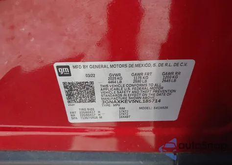 2022 Chevrolet Equinox Fwd Lt из США, поврежденный, VIN 3GNAXKEV5NL185714